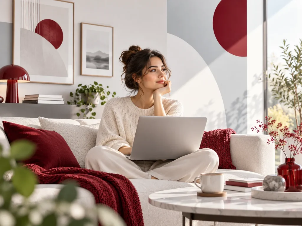 Vrouw met laptop in een moderne woonkamer die nieuwe ideeën en inspiratie ontdekt 2.