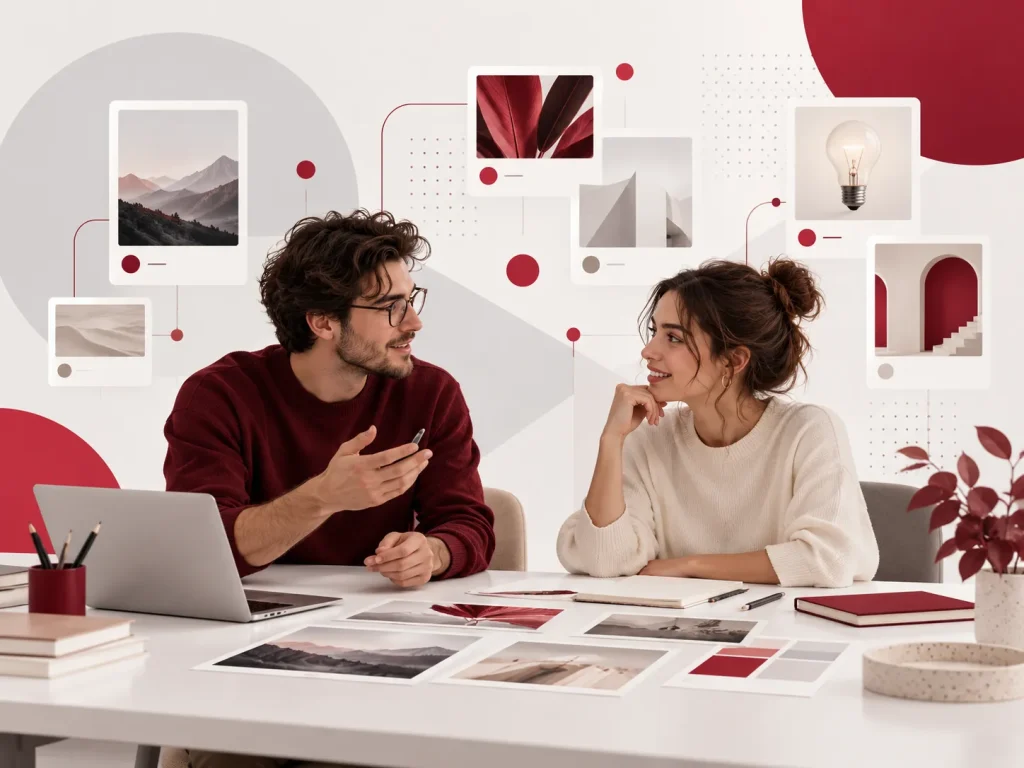 Twee mensen bespreken creatieve ideeën en inspiratie aan een moderne werktafel