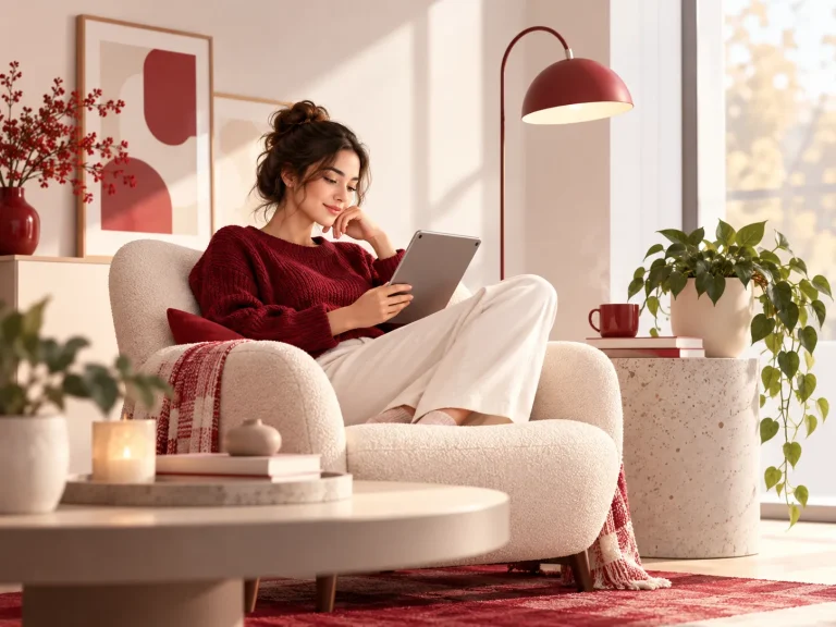 Vrouw leest op een tablet in een sfeervolle woonkamer met roodtinten en moderne inrichting