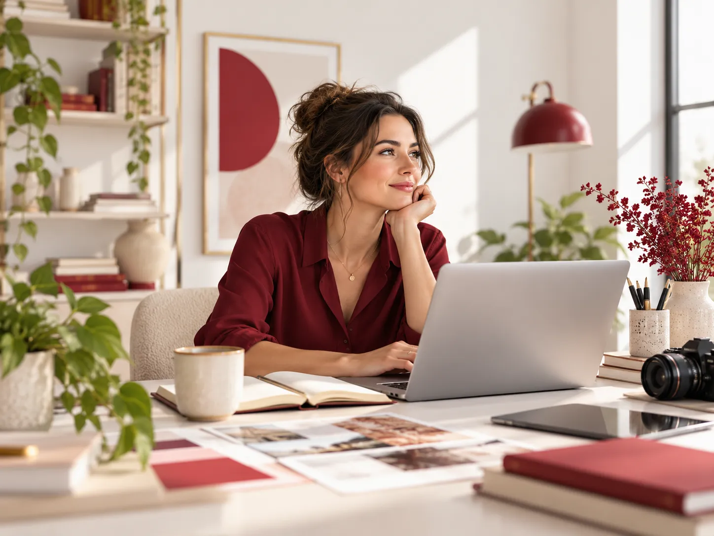 Vrouw werkt geconcentreerd achter een laptop in een warme en stijlvolle creatieve werkruimte
