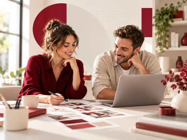 Twee auteurs bespreken ideeën en content aan een bureau met laptop en creatieve voorbeelden