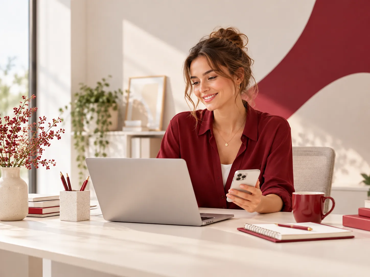 Vrouw werkt achter een laptop en smartphone in een stijlvolle werkruimte om contact en vragen te beheren