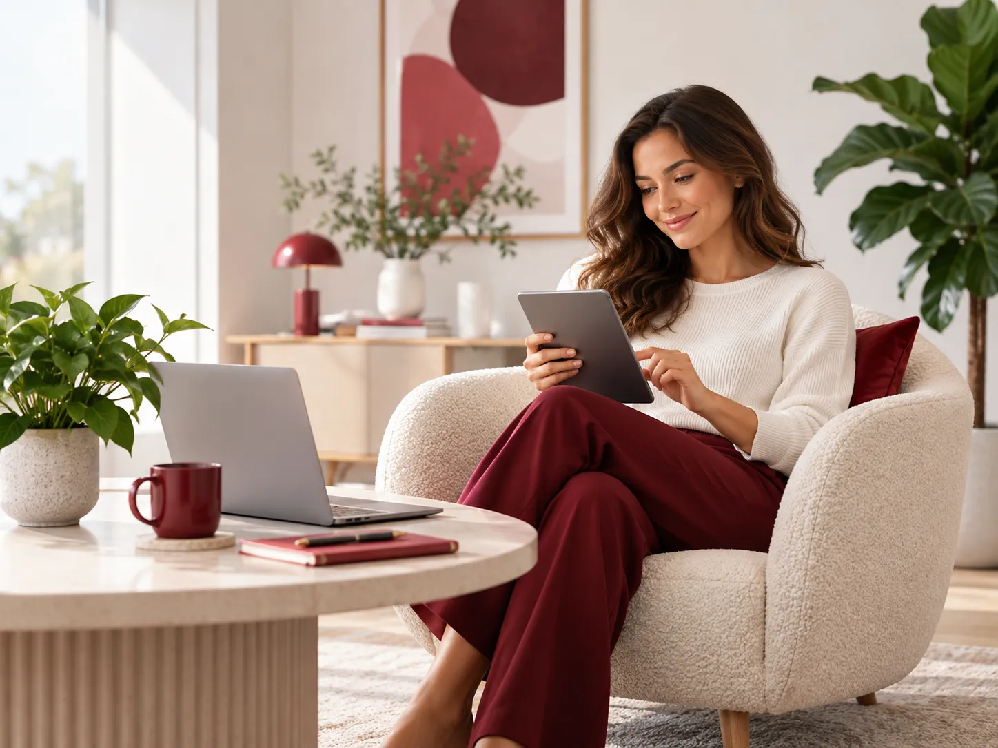 Vrouw zit ontspannen met een tablet in een moderne ruimte en staat klaar voor online contact en communicatie