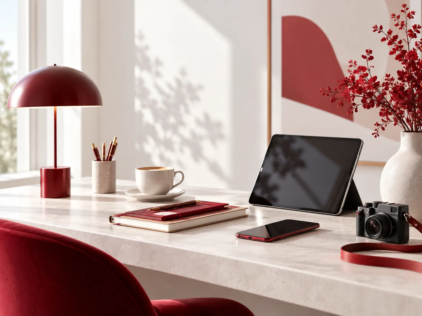 Moderne bureau-opstelling met tablet, camera, notitieboek en rode accenten in een rustige creatieve werkruimte