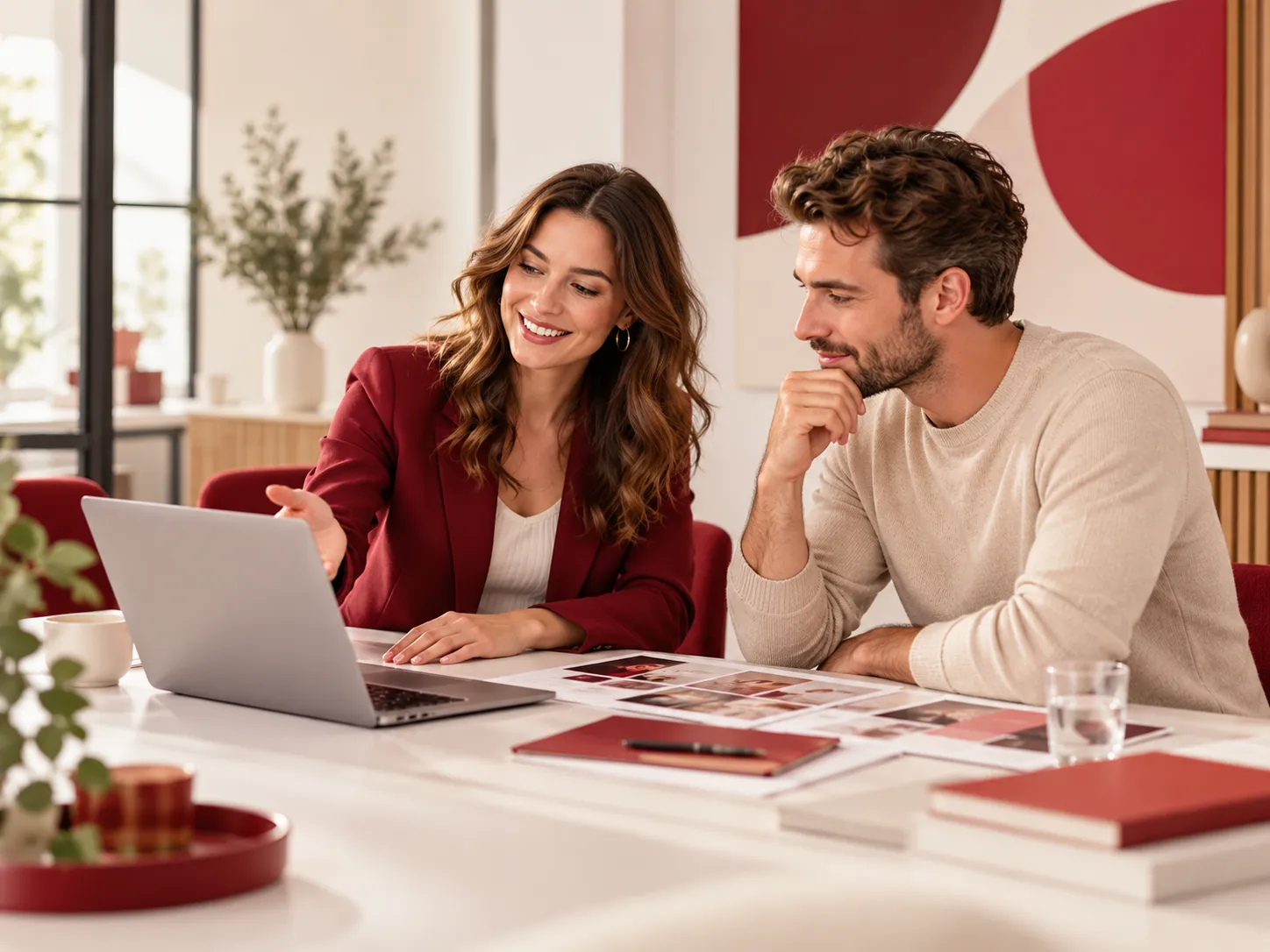 Twee professionals bespreken advertentie- en samenwerkingsmogelijkheden achter een laptop in een moderne en stijlvolle werkomgeving