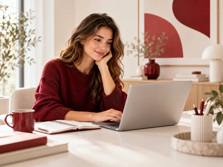 Vrouw zoekt informatie op een laptop in een rustige en moderne werkruimte 2.
