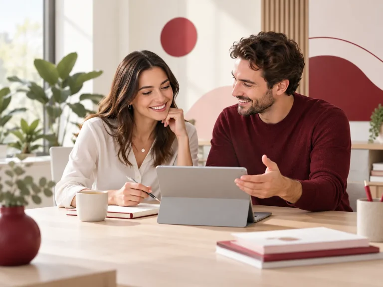Twee mensen bespreken samen vragen en informatie achter een tablet in een moderne werkomgeving